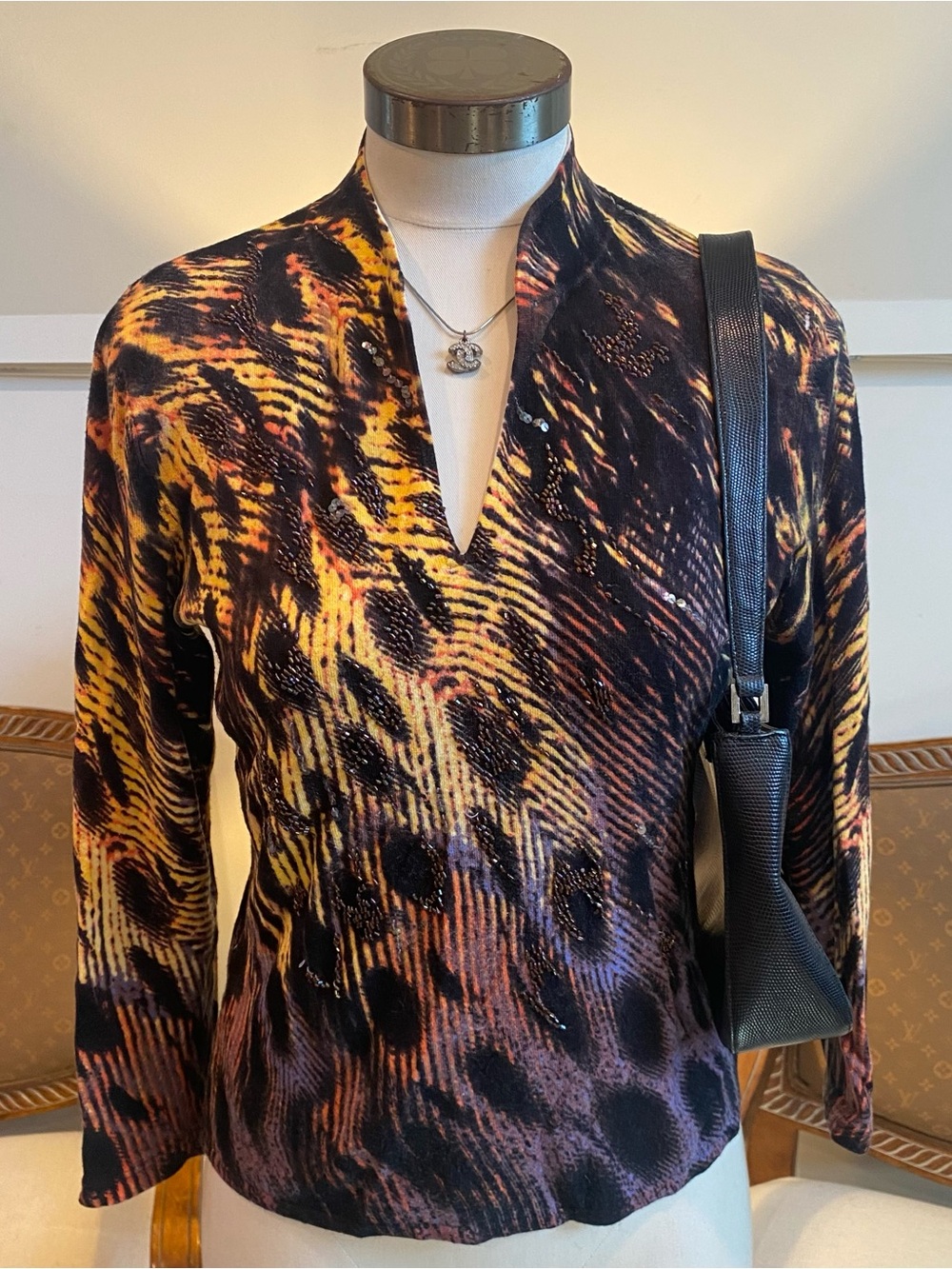 Vintage 90s Abstract Animal-Print V-Neck Beaded Knit Top 3/4 Sleeves Whimsygoth